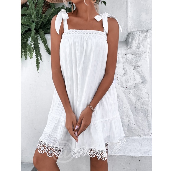 White A-Line Short Dress Tie Straps Guipure Detail - Picture 6 of 7